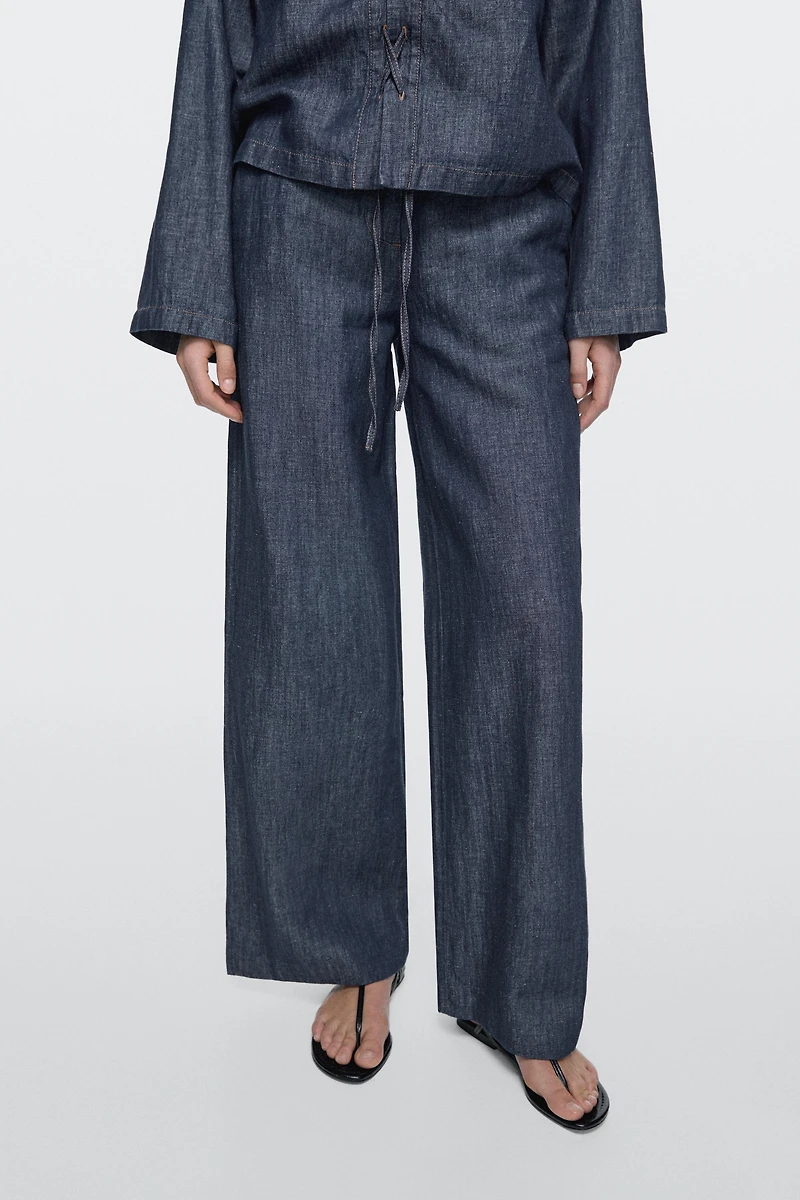 Total look linen blend wide-leg jeans