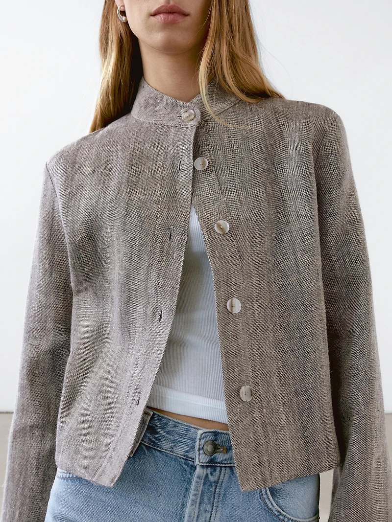 Short linen jacket with stand collar