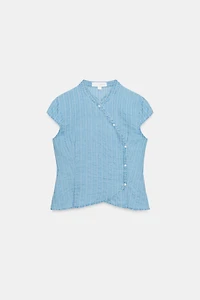 STRIPED BUTTON-FRONT WRAP TOP