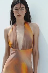 PRINTED TULLE MIDI HALTER DRESS