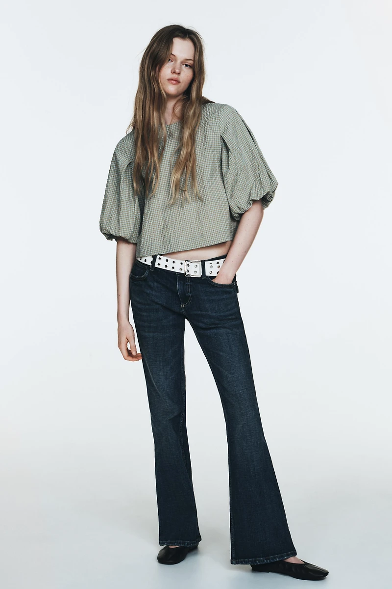 CHECKED BALLOON SLEEVE TOP