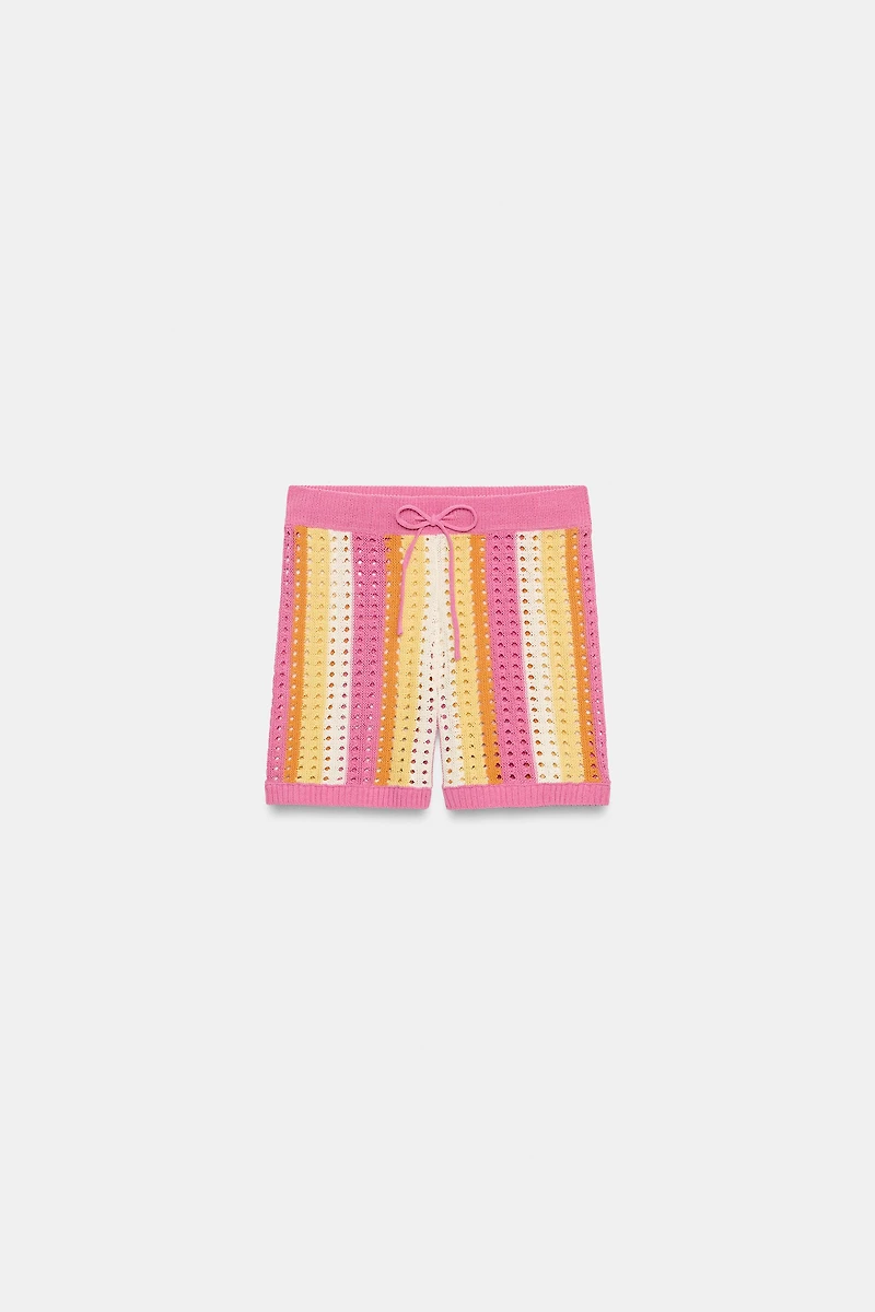 STRIPED OPENWORK KNIT SHORTS