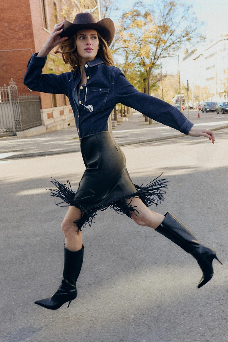 FAUX LEATHER FRINGED MIDI SKIRT