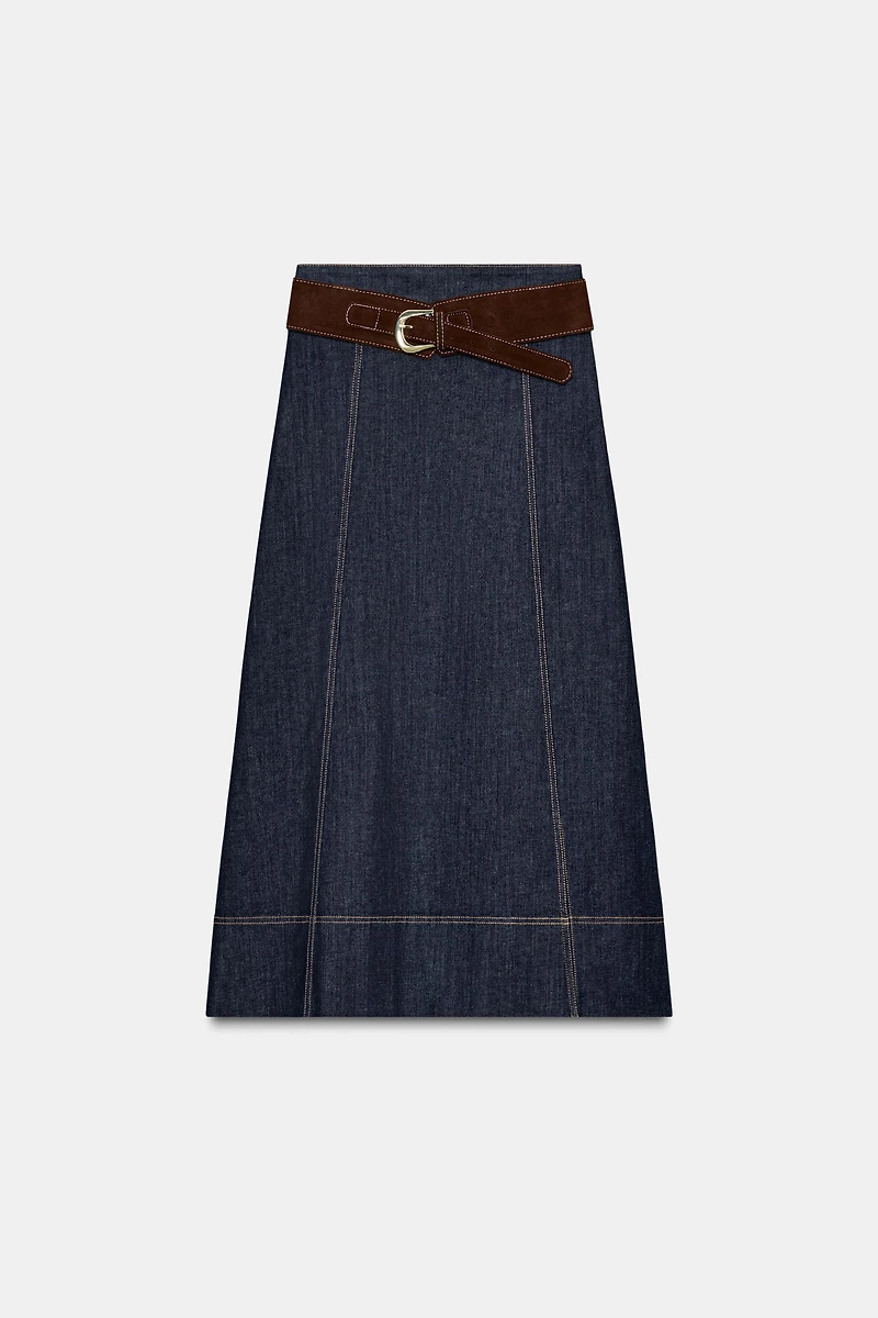 Z1975 BELTED DENIM MIDI WRAP SKIRT