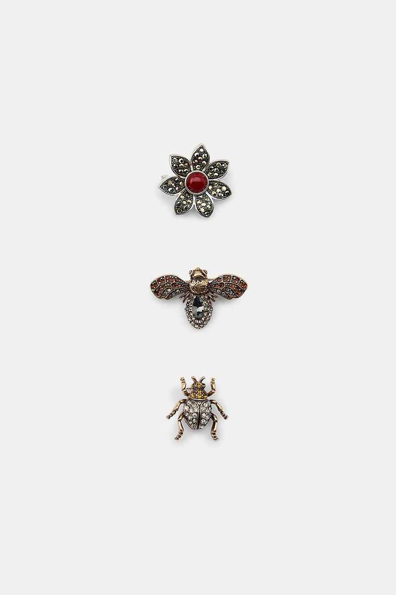 PACK OF 3 SPARKLY FLOWER AND INSECT BROOCHES