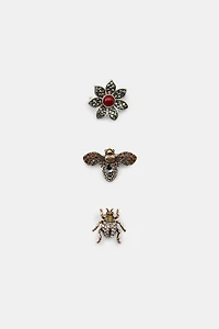 PACK OF 3 SPARKLY FLOWER AND INSECT BROOCHES