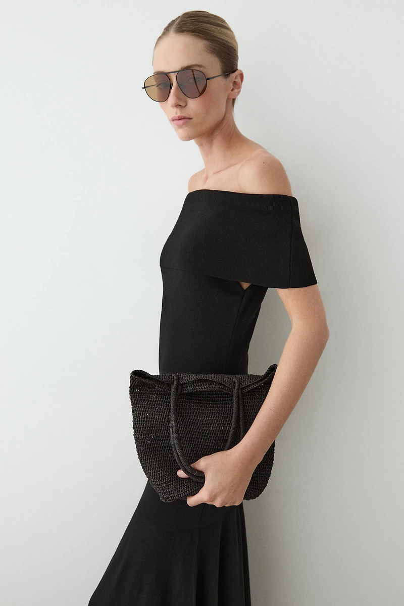 Knit midi dress with exposed shoulders