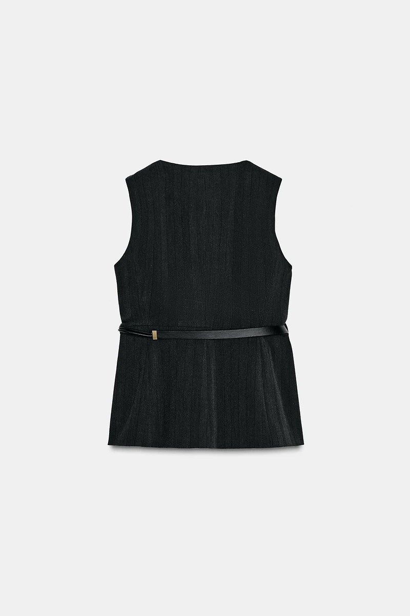 HERRINGBONE PEPLUM VEST WITH BELT