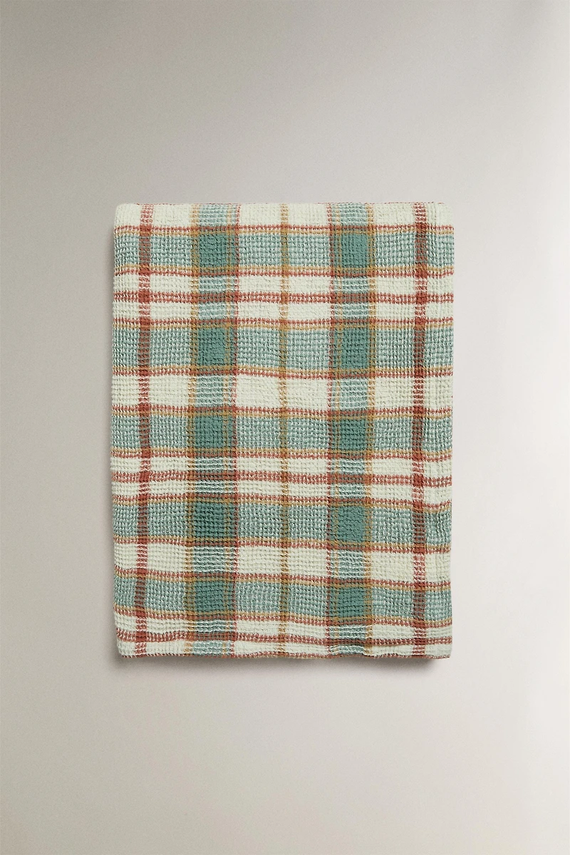 PLAID WAFFLE COTTON BLANKET