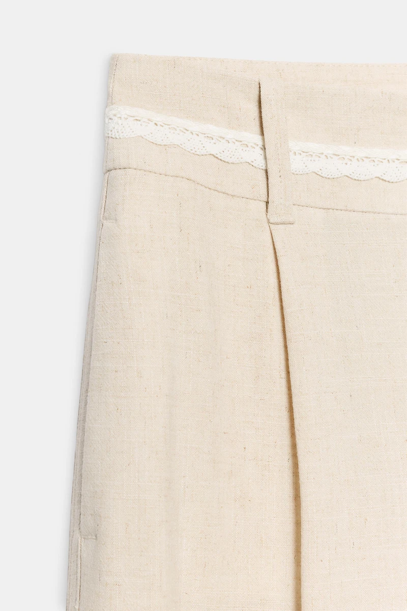 LONG LINEN LACE TRIM SHORTS