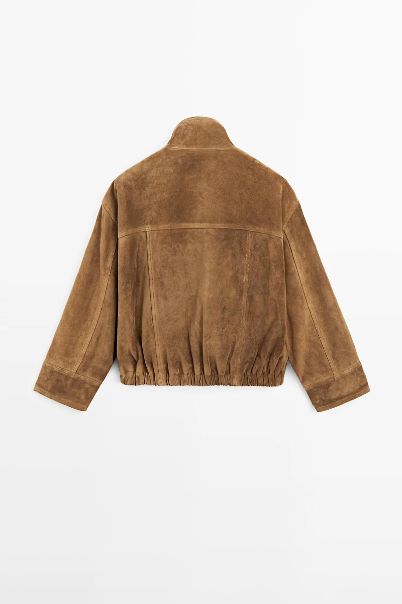Blouson bomber court en cuir daim