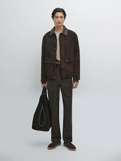 Suede leather jacket with collar detail