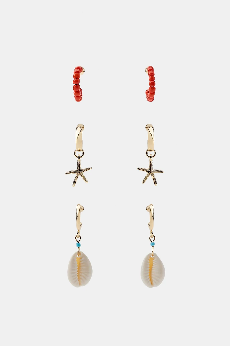 PACK OF 3 STAR AND SHELL HOOP EARRINGS