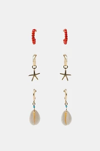 PACK OF 3 STAR AND SHELL HOOP EARRINGS