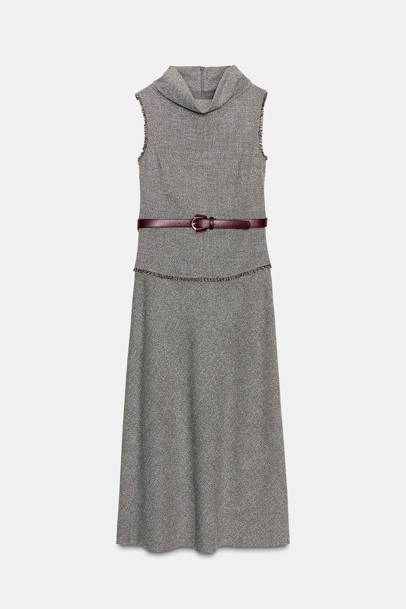 TEXTURED BELTED MIDI DRESS