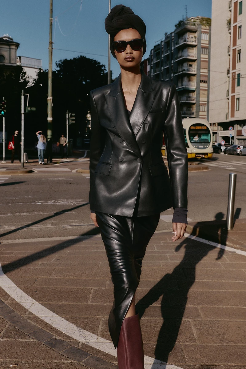 FAUX LEATHER DOUBLE BREASTED BLAZER