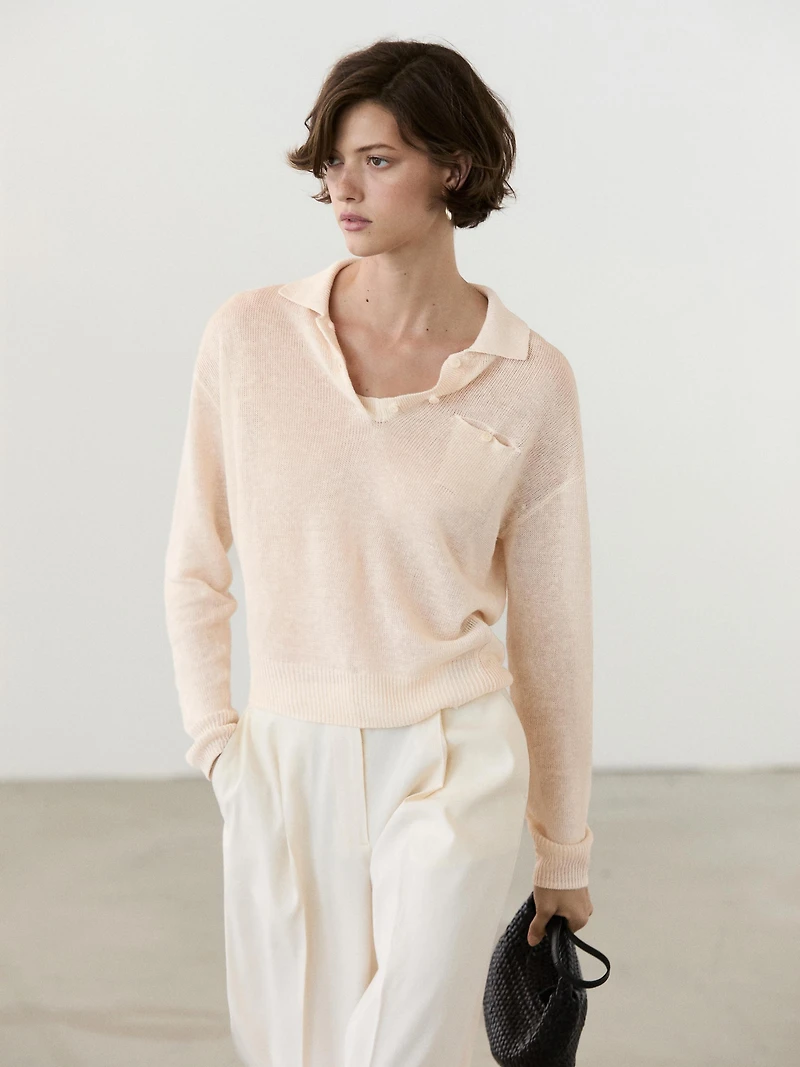 Fine linen polo collar sweater