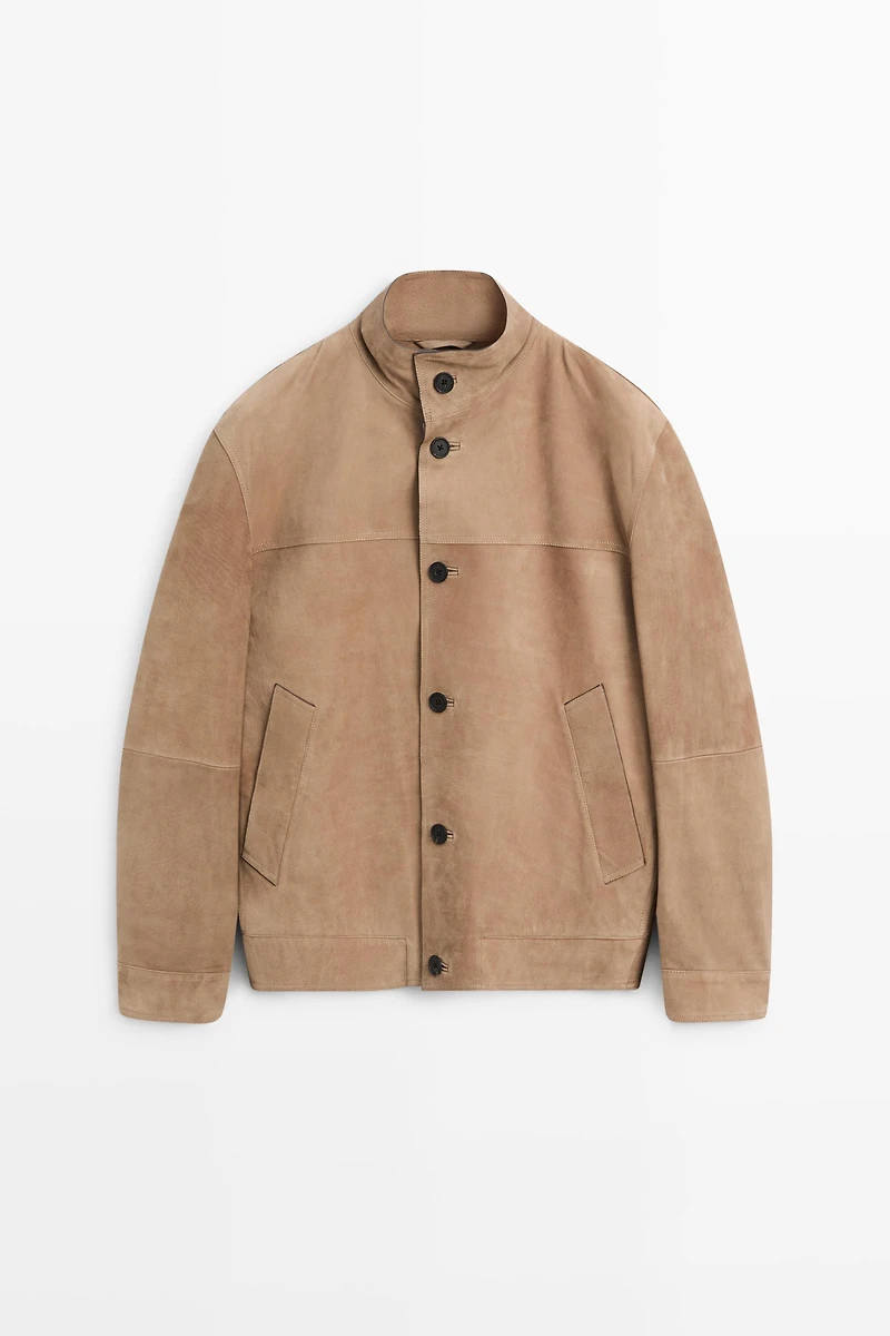 Nubuck leather stand-up collar jacket
