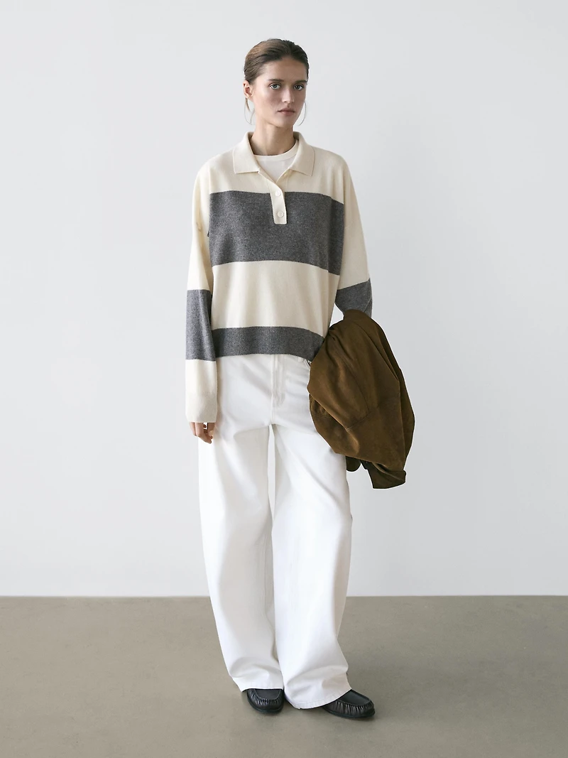 Pull en maille col polo rayé