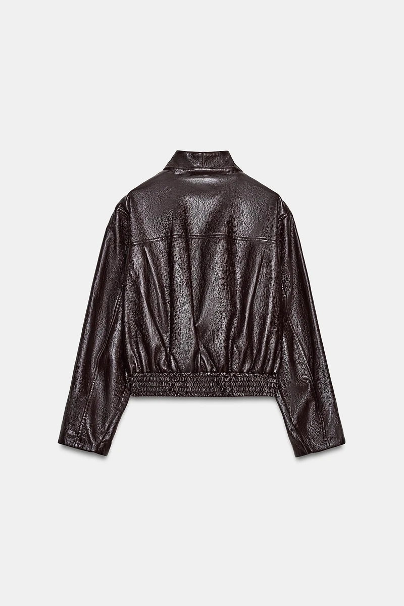 CROPPED FAUX LEATHER BOMBER JACKET