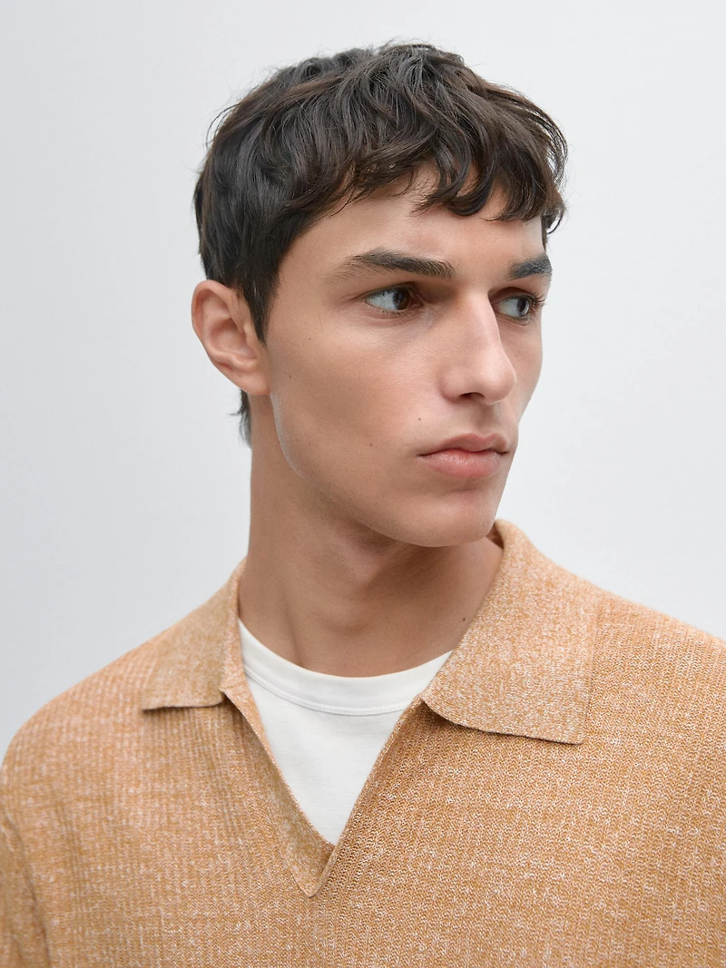 Textured knit cotton and linen blend polo shirt