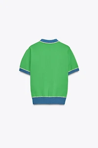 CONTRAST KNIT SHORT SLEEVE POLO TOP