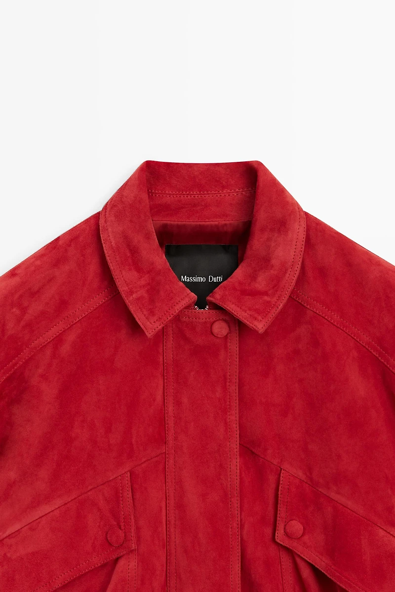 Suede leather bomber jacket with pocket details