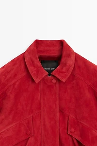 Suede leather bomber jacket with pocket details