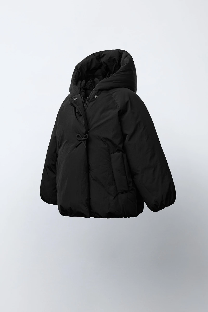 DOUBLE-BREASTED HOODED COAT WITH BOWS