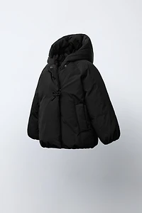 DOUBLE-BREASTED HOODED COAT WITH BOWS