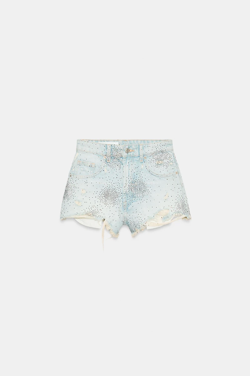 RIPPED HIGH-RISE RHINESTONE DENIM SHORTS