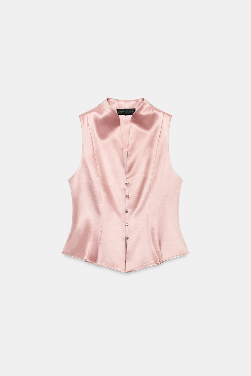 JEWEL BUTTON SATIN EFFECT TOP