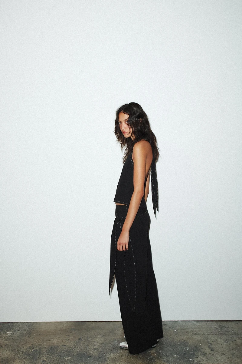 TOPSTITCHED TIE PANTS
