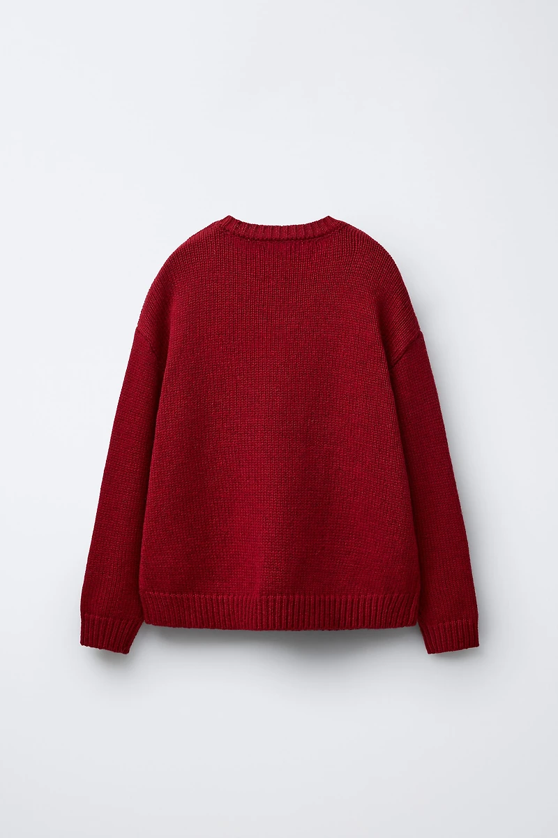 AGES 7-12 / WOOL BLEND KNIT SWEATER WITH EMBROIDERED BEAR