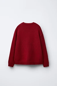 AGES 7-12 / WOOL BLEND KNIT SWEATER WITH EMBROIDERED BEAR