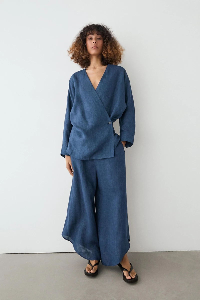 Linen total look denim-effect kimono
