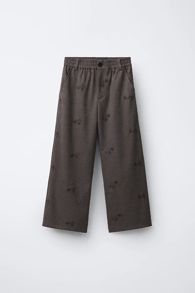 SOFT WIDE LEG PANTS WITH EMBROIDERED FLOWERS