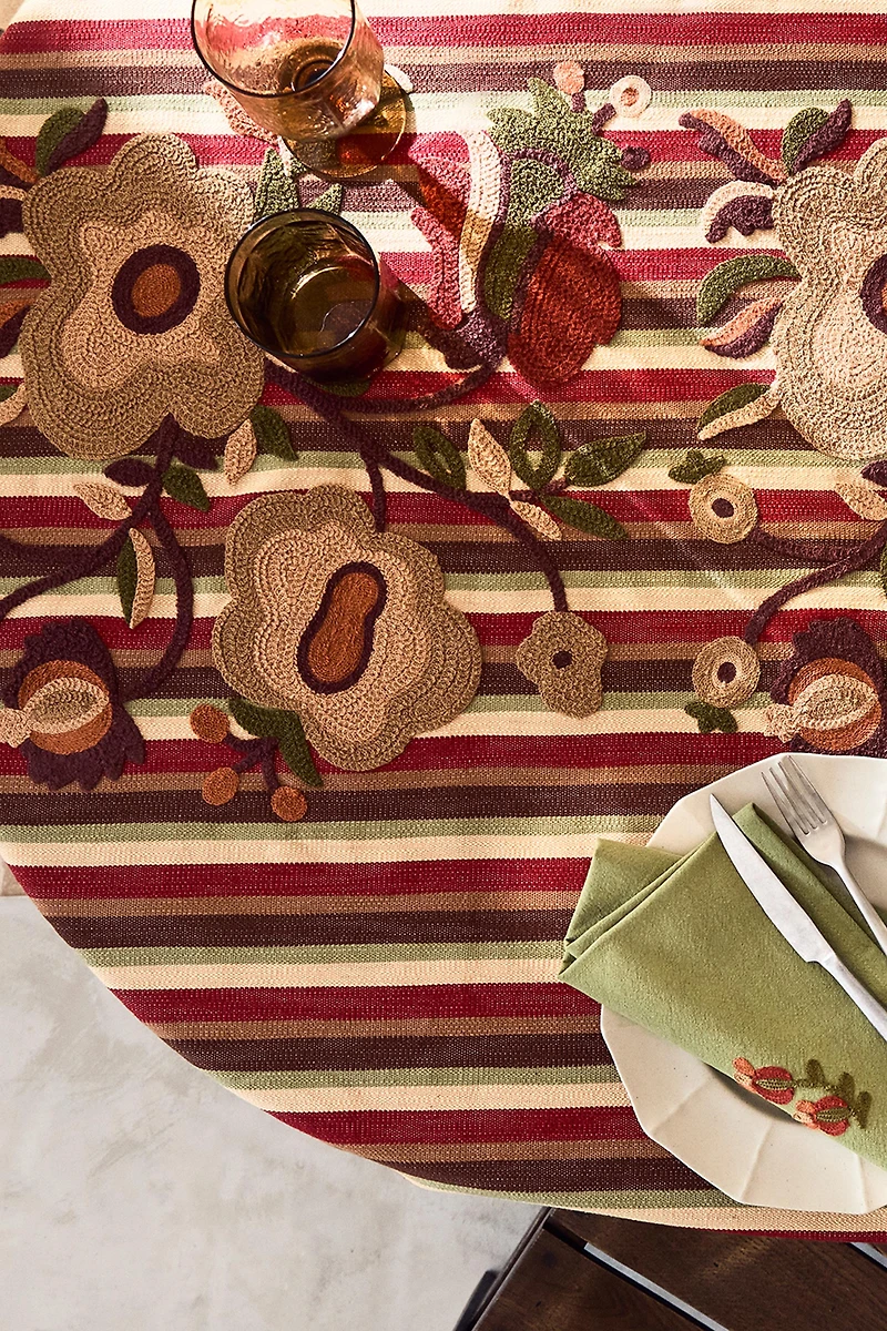 STRIPED AND FLORAL EMBROIDERY TABLECLOTH