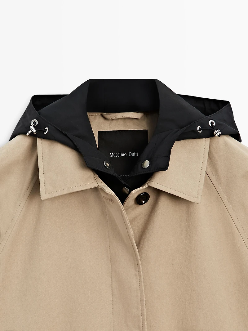 Cape trench coat with detachable hood