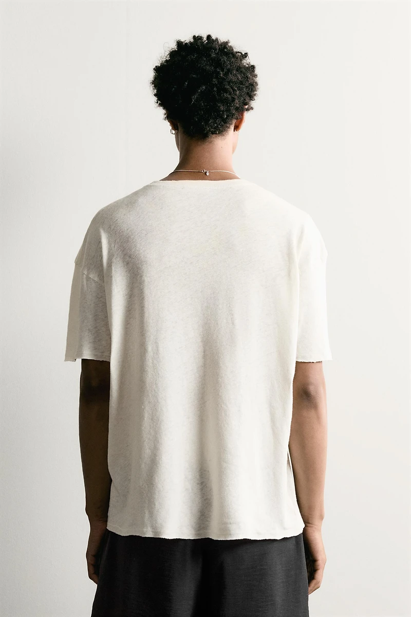 WASHED COTTON-LINEN T-SHIRT WITH TEXT
