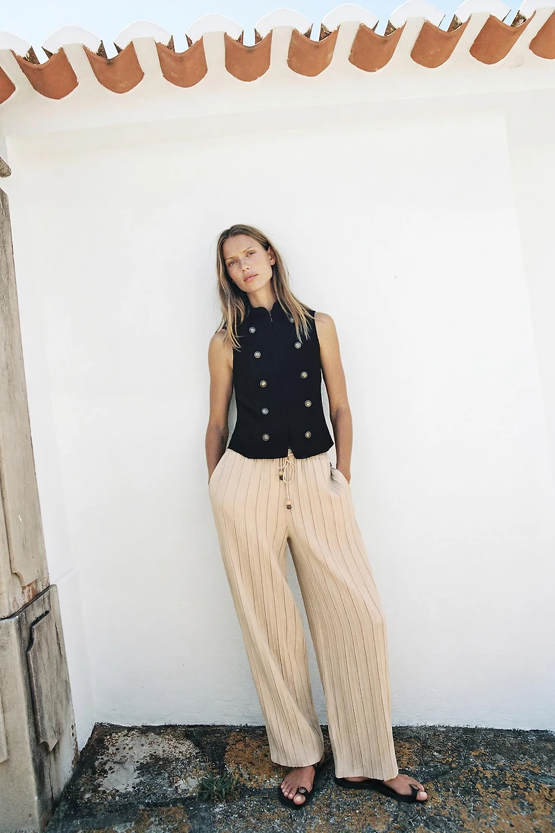 PANTALON LARGE À RAYURES ET TAILLE ÉLASTIQUE