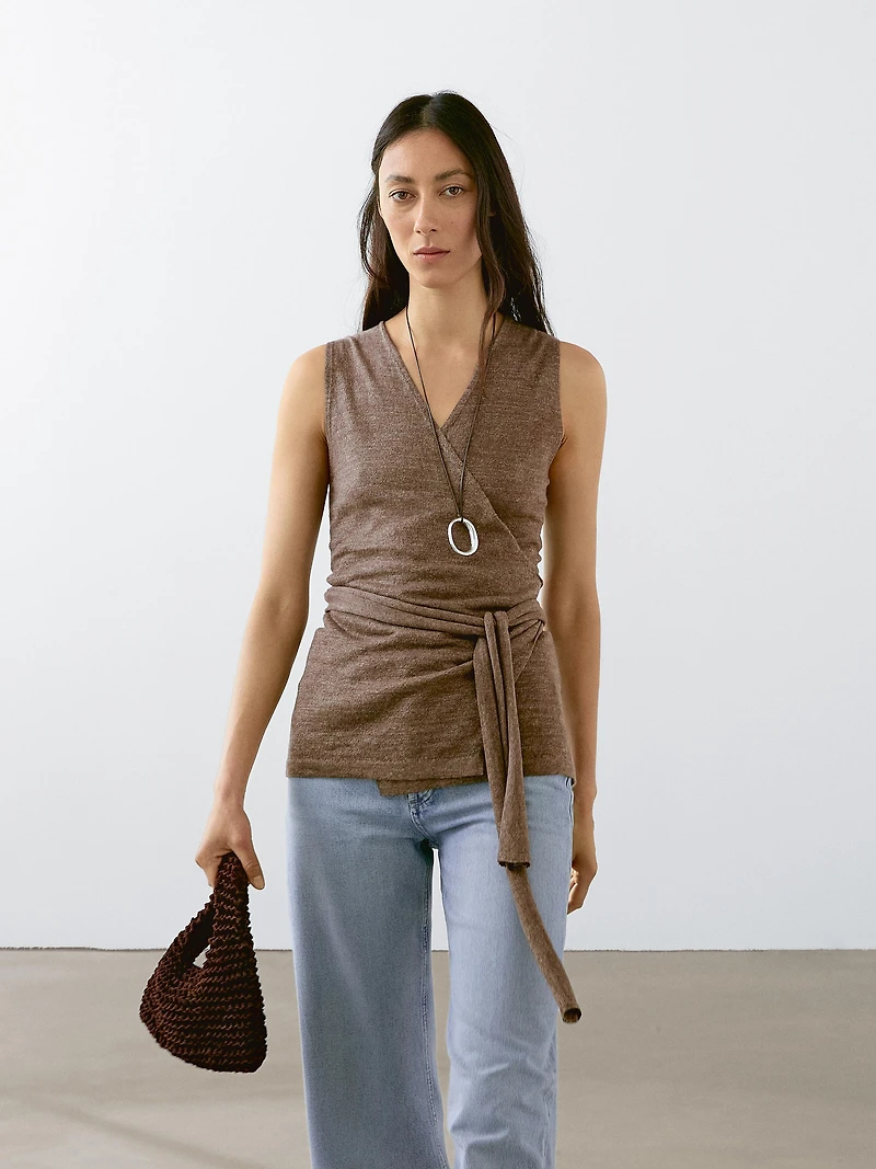 Linen blend knit crossover top
