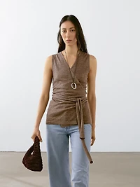 Linen blend knit crossover top