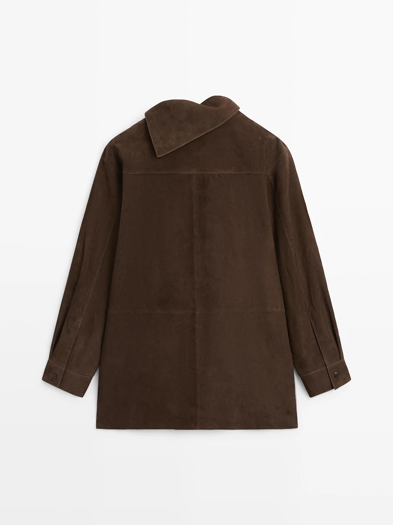 Suede leather oversize blouse with high neck