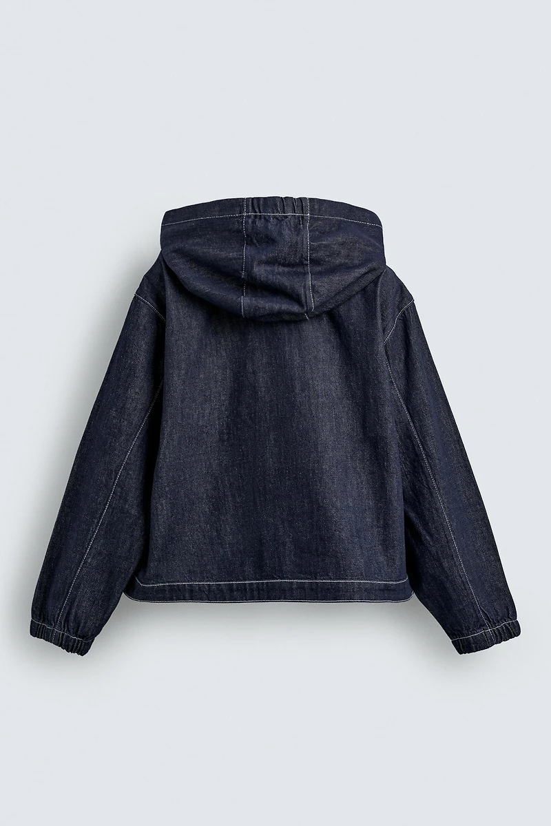 HOODED DENIM JACKET WITH TOPSTITCHING