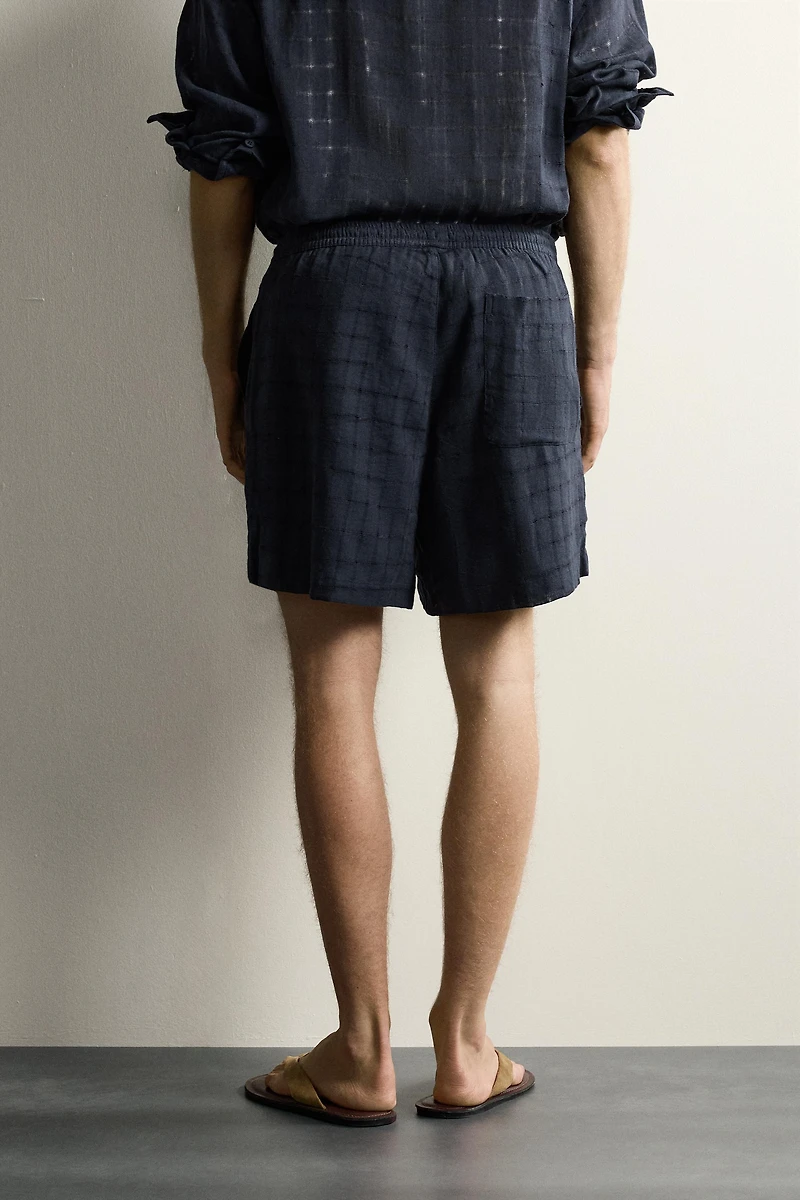 BERMUDA JACQUARD À CARREAUX EN LIN ET COTON