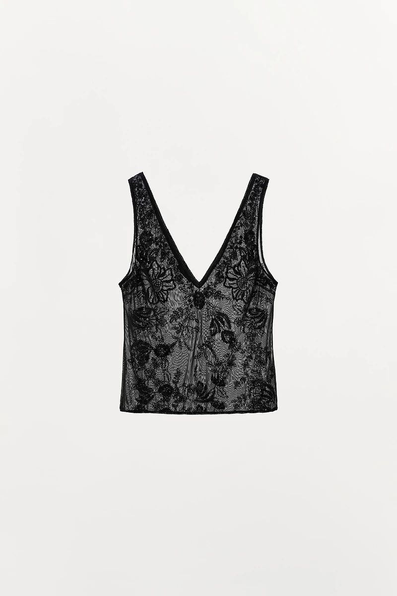 EMBROIDERED TULLE STRAP TOP