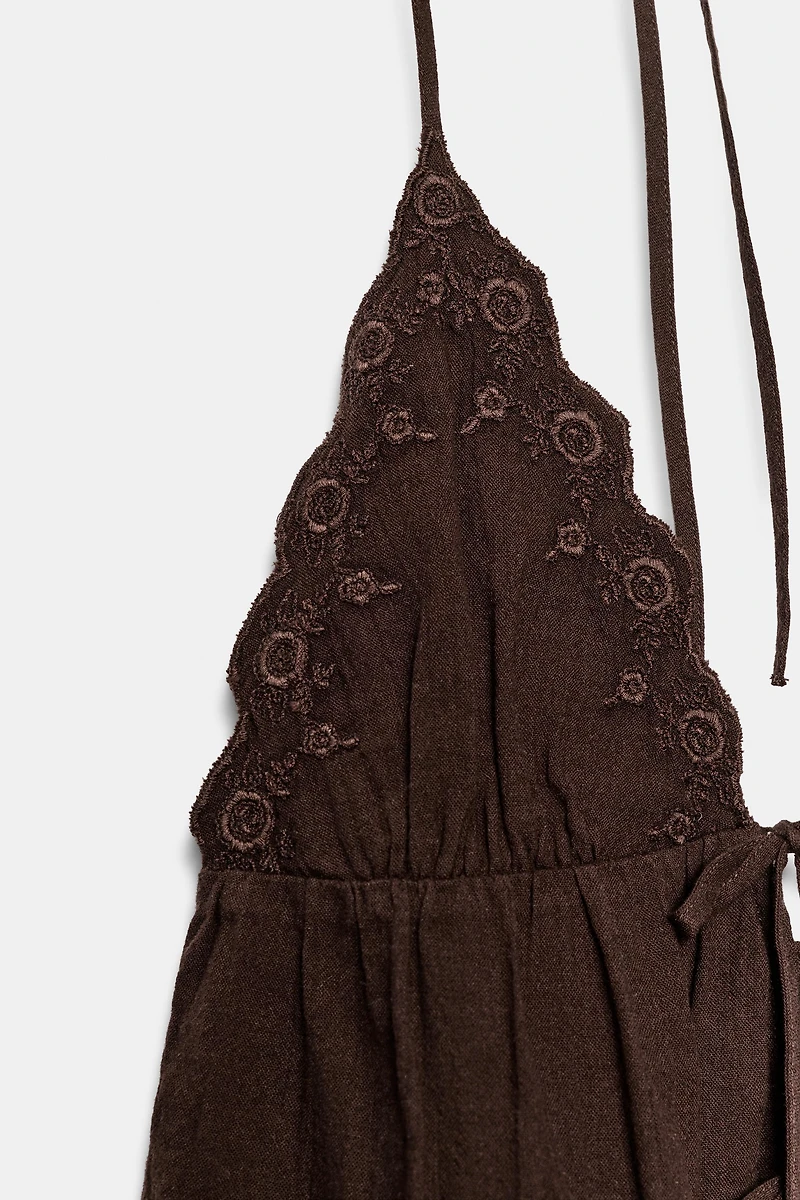 EMBROIDERED GAUZE HALTER TOP