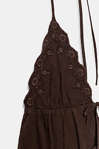 EMBROIDERED GAUZE HALTER TOP