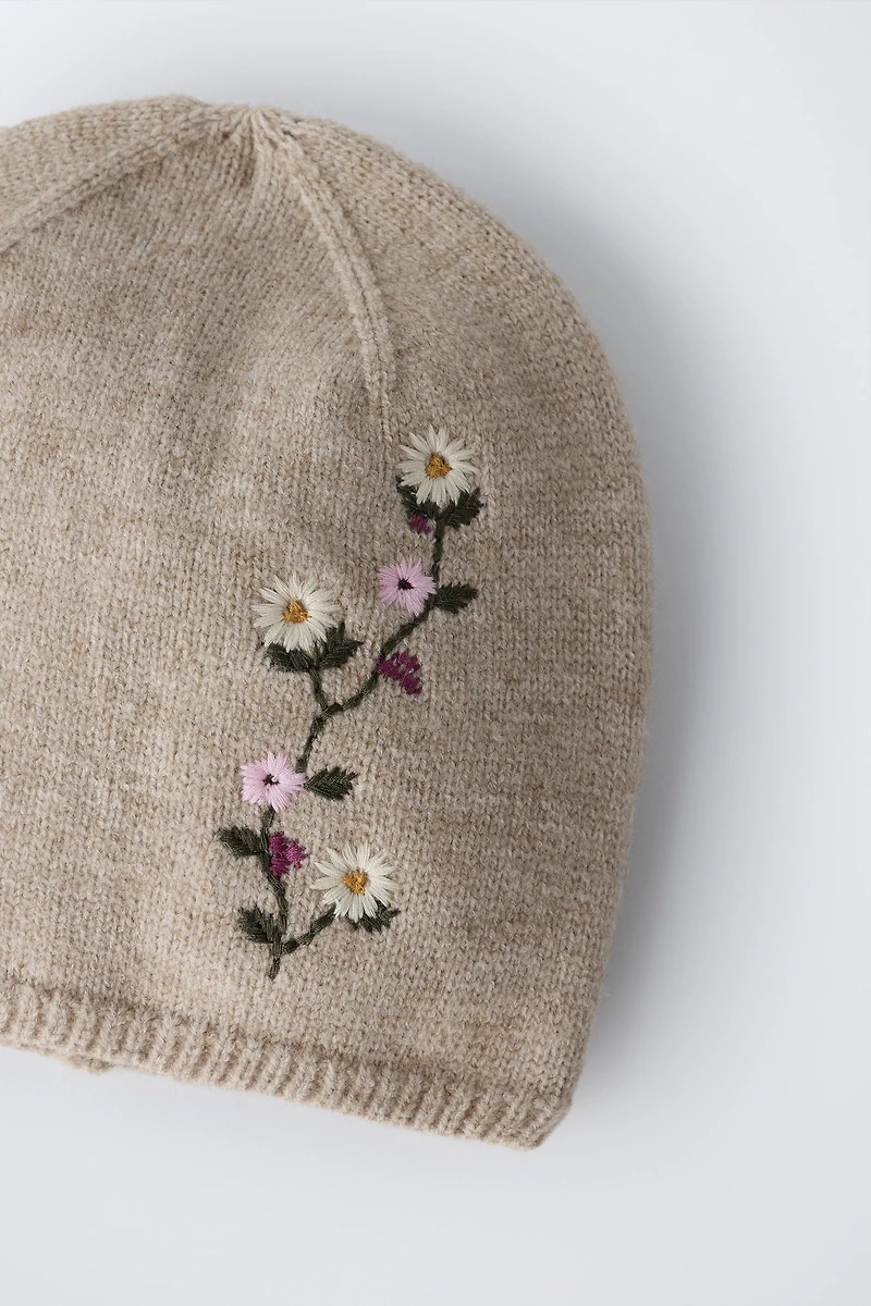 EMBROIDERED FLOWERS KNIT HAT